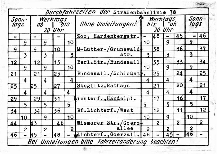 BVG Berlin - Durchfahrtsplan des Fahrers f�r die Linie 78 